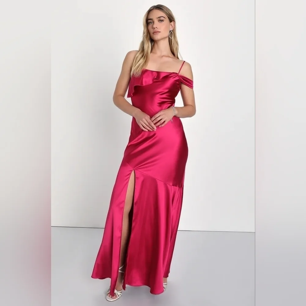 Lulus Enchanting Aesthetic Magenta Satin Asymmetrical Maxi Dress S Wedding Prom